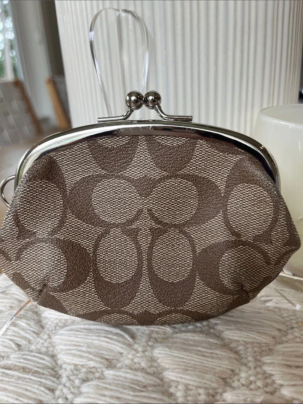 Coach Brown Signature Kiss-Lock Coin Purse with Black & White Stripe